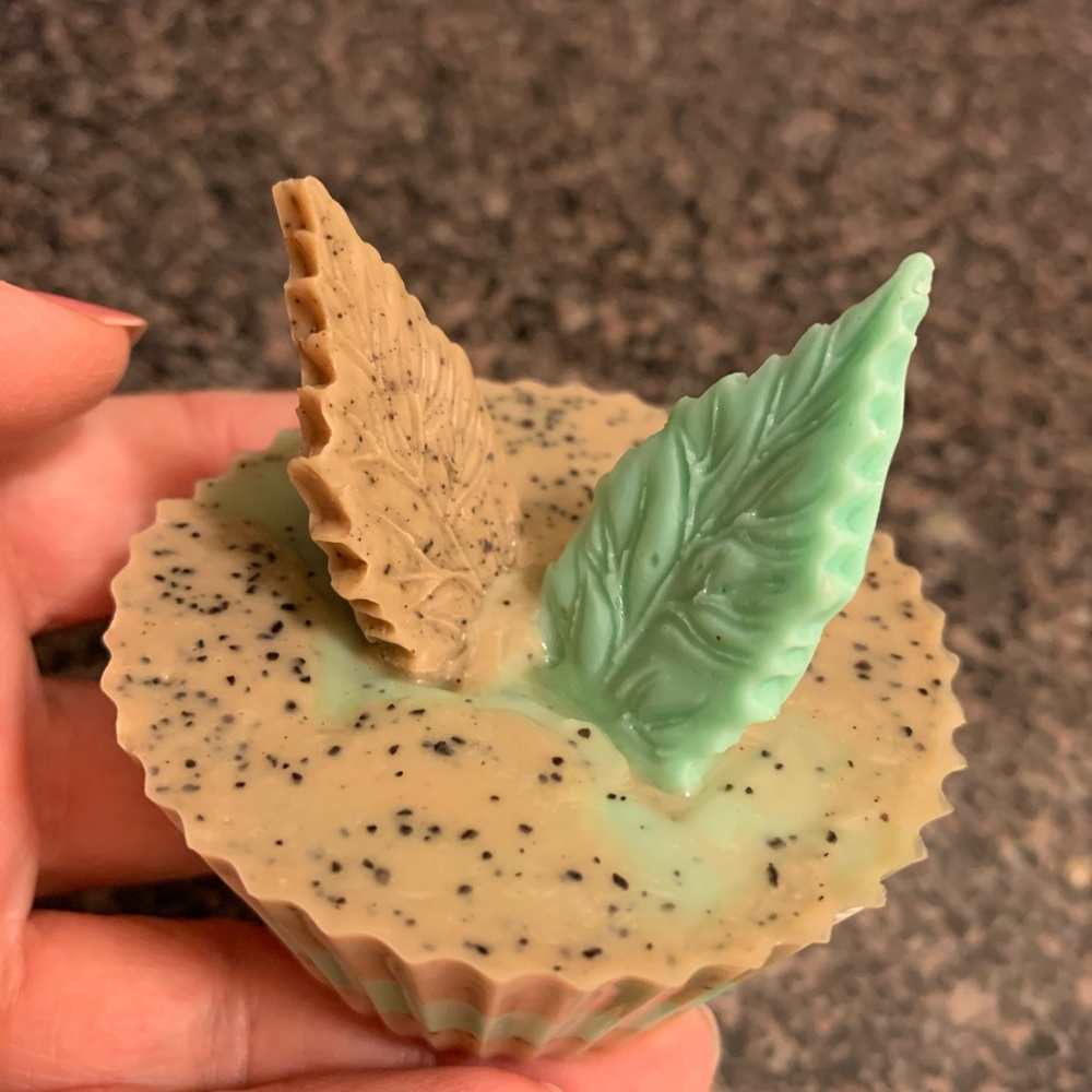 Homemade coffee and mint goat milk cupcake soap